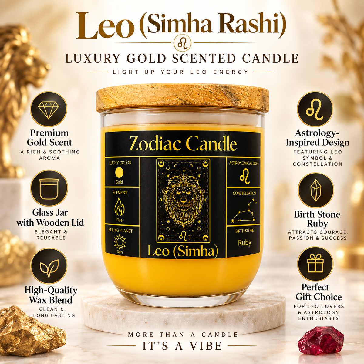 Leo Zodiac Candle (Simha Rashi) | Luxury Gold Scented Astrology Candle with Leo-Inspired Fragrance in Glass Jar