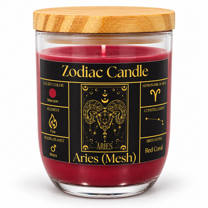 Aries Zodiac Candle (Mesh Rashi) | Luxury Maroon Scented Astrology Candle with Aries-Inspired Fragrance in Glass Jar