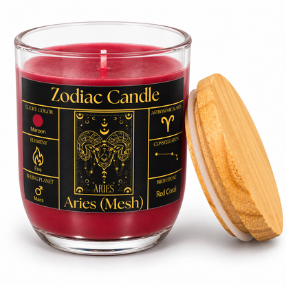 Aries Zodiac Candle (Mesh Rashi) | Luxury Maroon Scented Astrology Candle with Aries-Inspired Fragrance in Glass Jar