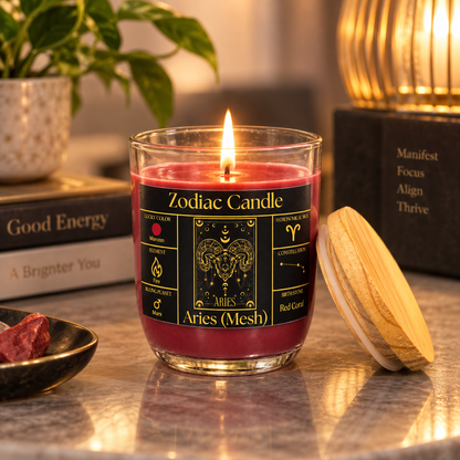 Aries Zodiac Candle (Mesh Rashi) | Luxury Maroon Scented Astrology Candle with Aries-Inspired Fragrance in Glass Jar