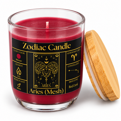 Aries Zodiac Candle (Mesh Rashi) | Luxury Maroon Scented Astrology Candle with Aries-Inspired Fragrance in Glass Jar