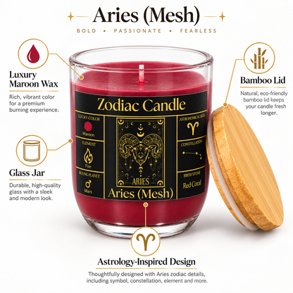 Aries Zodiac Candle (Mesh Rashi) | Luxury Maroon Scented Astrology Candle with Aries-Inspired Fragrance in Glass Jar