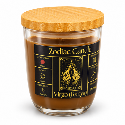 Virgo Zodiac Candle (Kanya Rashi) | Luxury Brown Scented Astrology Candle with Virgo-Inspired Fragrance in Glass Jar