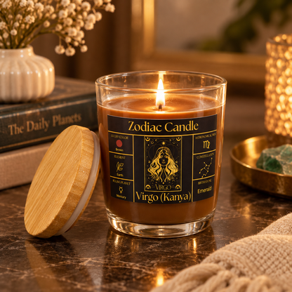 Virgo Zodiac Candle (Kanya Rashi) | Luxury Brown Scented Astrology Candle with Virgo-Inspired Fragrance in Glass Jar