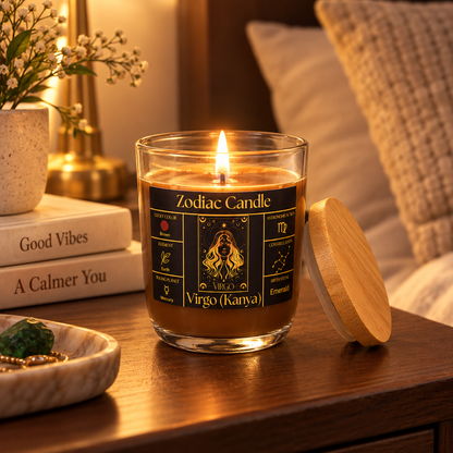 Virgo Zodiac Candle (Kanya Rashi) | Luxury Brown Scented Astrology Candle with Virgo-Inspired Fragrance in Glass Jar
