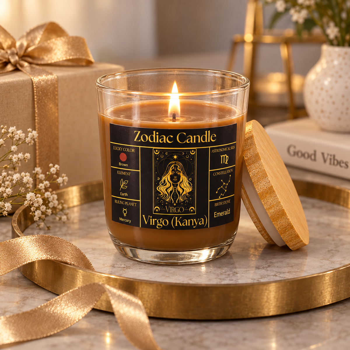 Virgo Zodiac Candle (Kanya Rashi) | Luxury Brown Scented Astrology Candle with Virgo-Inspired Fragrance in Glass Jar