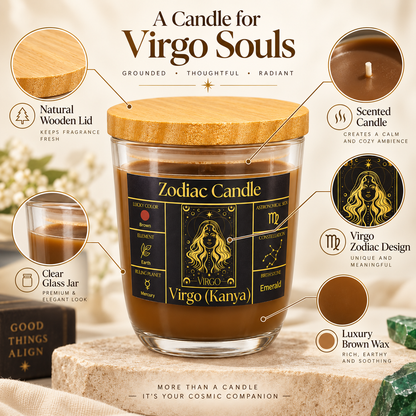 Virgo Zodiac Candle (Kanya Rashi) | Luxury Brown Scented Astrology Candle with Virgo-Inspired Fragrance in Glass Jar