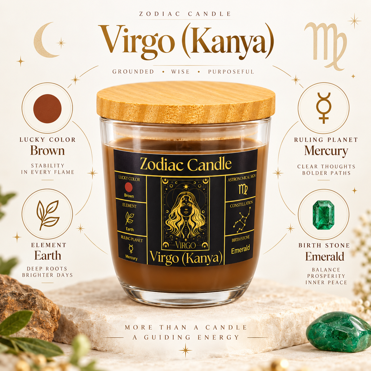 Virgo Zodiac Candle (Kanya Rashi) | Luxury Brown Scented Astrology Candle with Virgo-Inspired Fragrance in Glass Jar