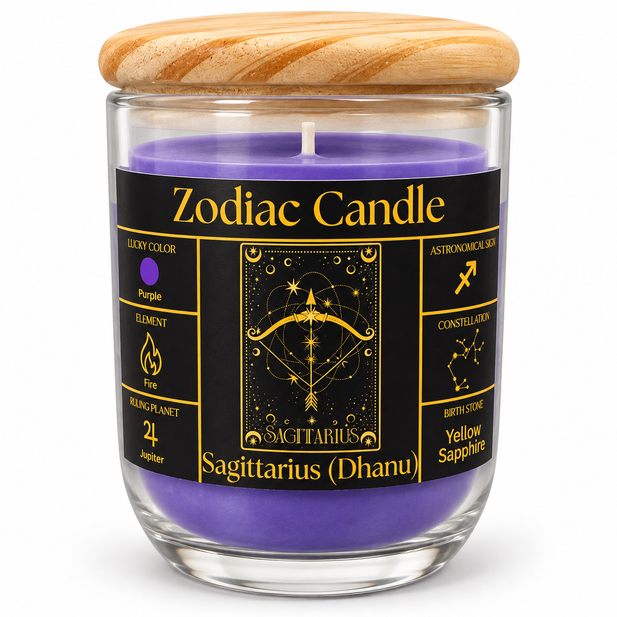 Sagittarius Zodiac Candle (Dhanu Rashi) | Luxury Purple Scented Astrology Candle with Sagittarius-Inspired Fragrance in Glass Jar