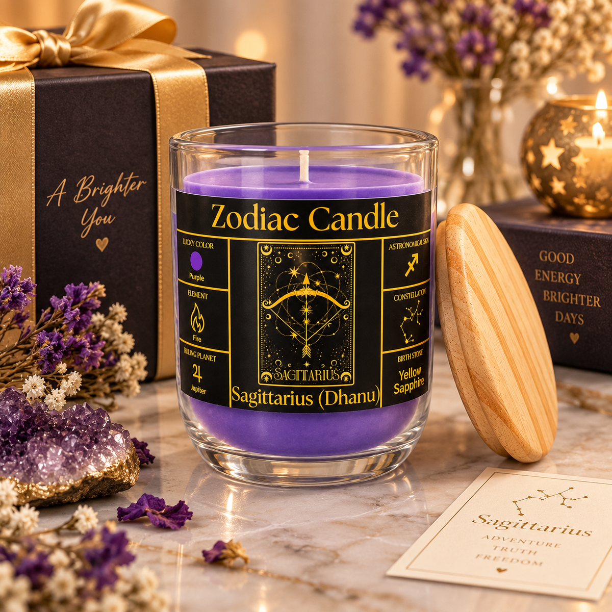 Sagittarius Zodiac Candle (Dhanu Rashi) | Luxury Purple Scented Astrology Candle with Sagittarius-Inspired Fragrance in Glass Jar
