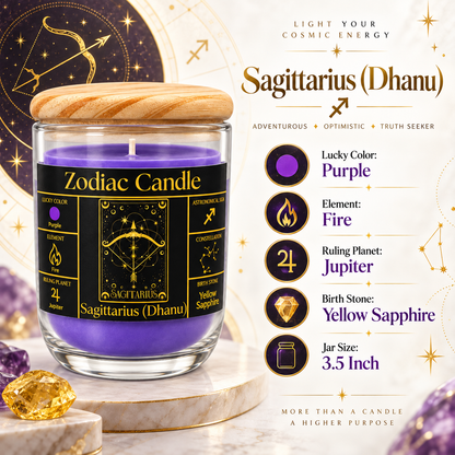 Sagittarius Zodiac Candle (Dhanu Rashi) | Luxury Purple Scented Astrology Candle with Sagittarius-Inspired Fragrance in Glass Jar