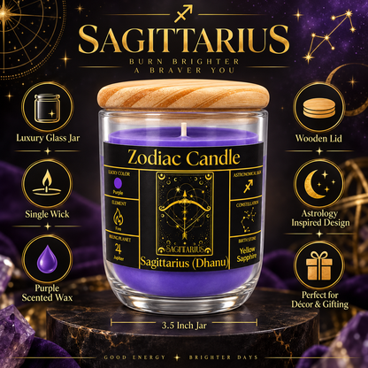 Sagittarius Zodiac Candle (Dhanu Rashi) | Luxury Purple Scented Astrology Candle with Sagittarius-Inspired Fragrance in Glass Jar
