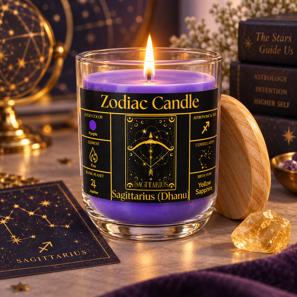 Sagittarius Zodiac Candle (Dhanu Rashi) | Luxury Purple Scented Astrology Candle with Sagittarius-Inspired Fragrance in Glass Jar