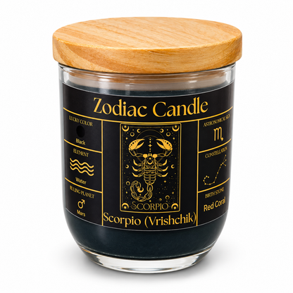 Scorpio Zodiac Candle (Vrishchik Rashi) | Luxury Black Scented Astrology Candle with Scorpio-Inspired Fragrance in Glass Jar