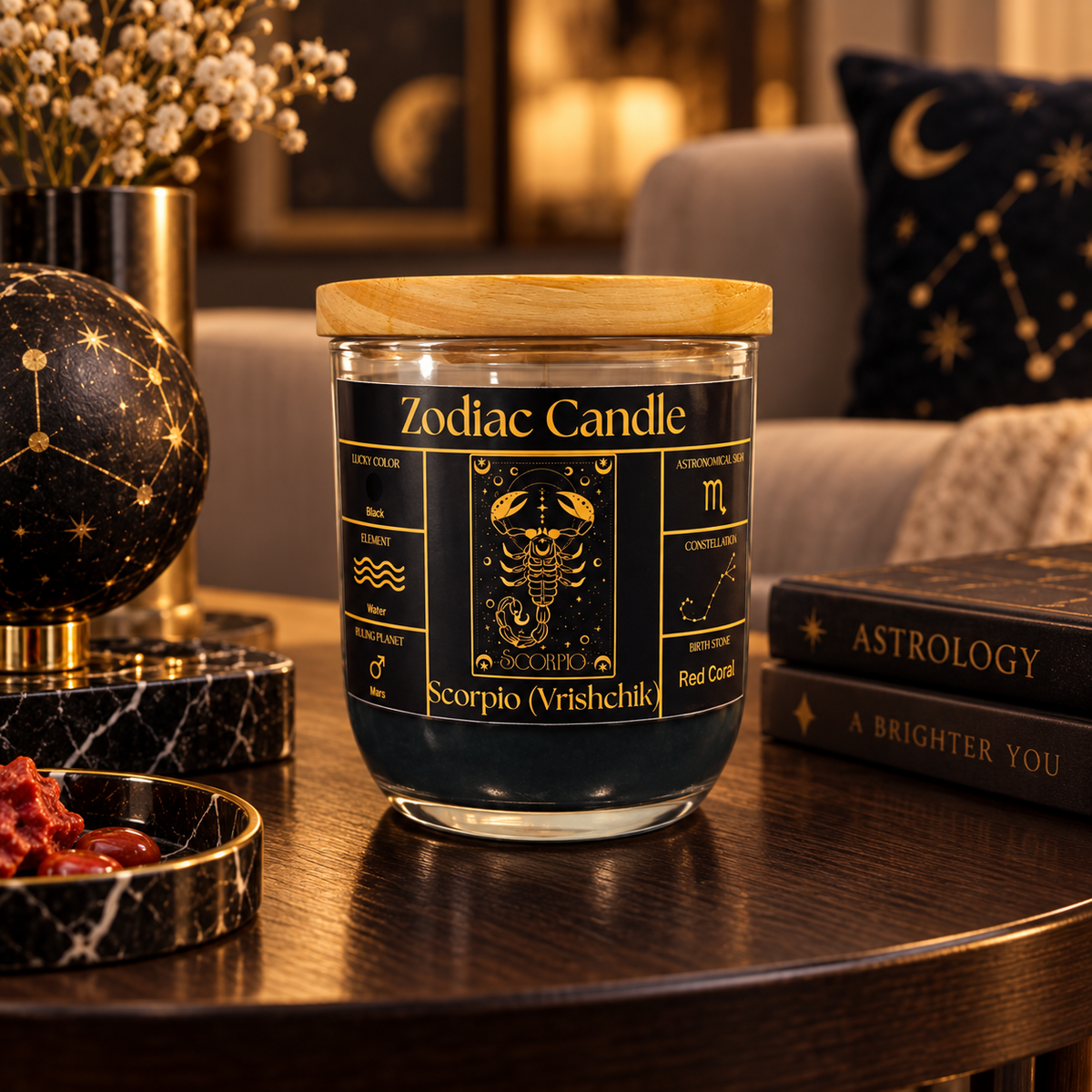 Scorpio Zodiac Candle (Vrishchik Rashi) | Luxury Black Scented Astrology Candle with Scorpio-Inspired Fragrance in Glass Jar