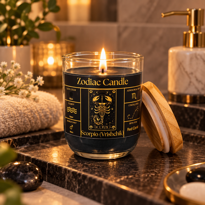 Scorpio Zodiac Candle (Vrishchik Rashi) | Luxury Black Scented Astrology Candle with Scorpio-Inspired Fragrance in Glass Jar