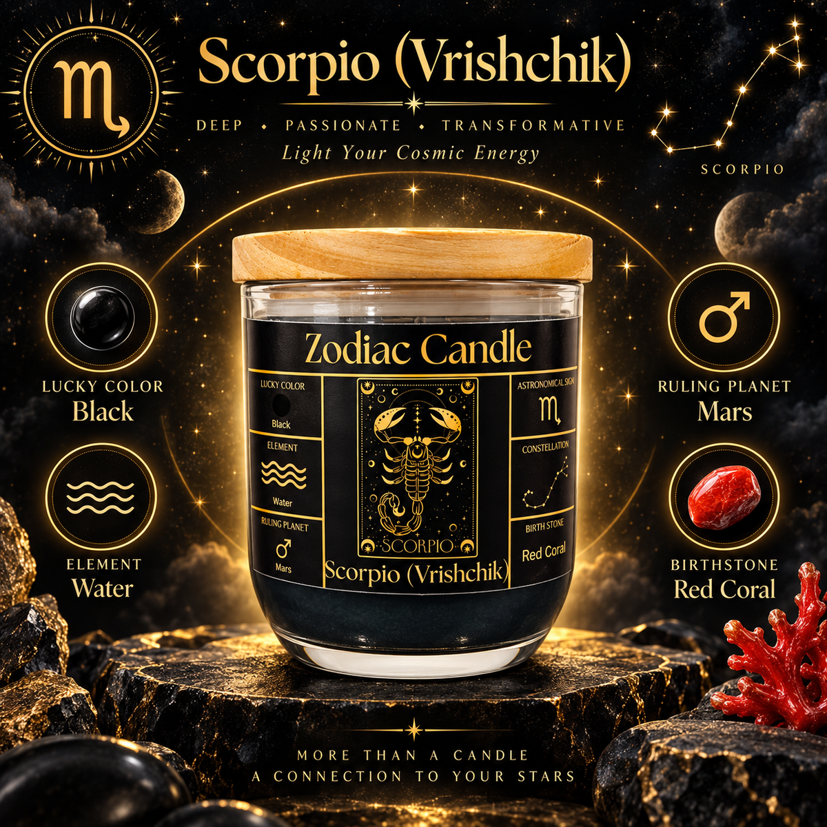 Scorpio Zodiac Candle (Vrishchik Rashi) | Luxury Black Scented Astrology Candle with Scorpio-Inspired Fragrance in Glass Jar