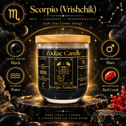 Scorpio Zodiac Candle (Vrishchik Rashi) | Luxury Black Scented Astrology Candle with Scorpio-Inspired Fragrance in Glass Jar