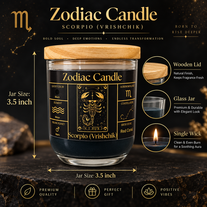 Scorpio Zodiac Candle (Vrishchik Rashi) | Luxury Black Scented Astrology Candle with Scorpio-Inspired Fragrance in Glass Jar