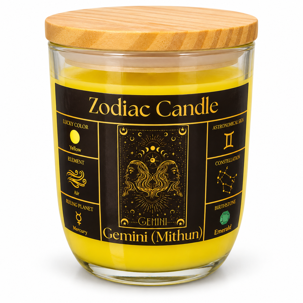 Gemini Zodiac Candle (Mithun Rashi) | Luxury Yellow Scented Astrology Candle with Gemini-Inspired Fragrance in Glass Jar