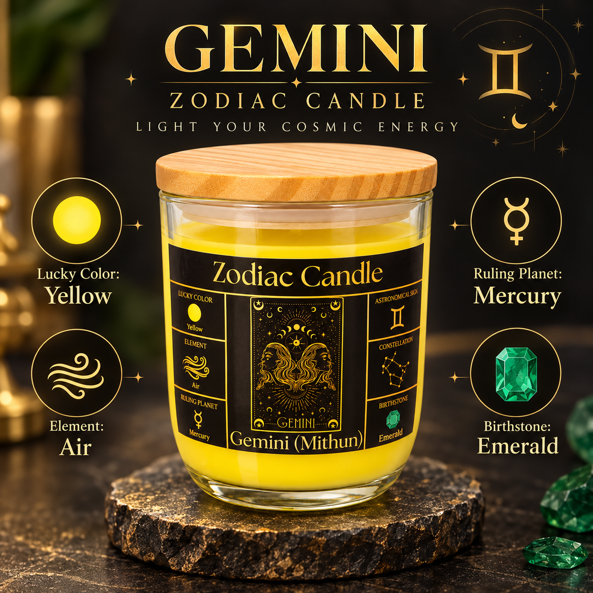 Gemini Zodiac Candle (Mithun Rashi) | Luxury Yellow Scented Astrology Candle with Gemini-Inspired Fragrance in Glass Jar