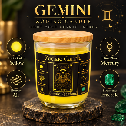 Gemini Zodiac Candle (Mithun Rashi) | Luxury Yellow Scented Astrology Candle with Gemini-Inspired Fragrance in Glass Jar