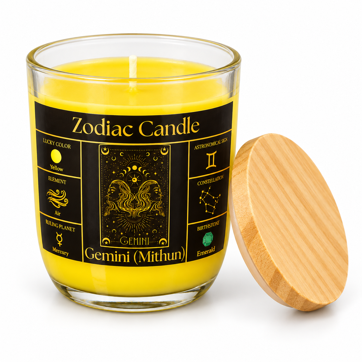 Gemini Zodiac Candle (Mithun Rashi) | Luxury Yellow Scented Astrology Candle with Gemini-Inspired Fragrance in Glass Jar