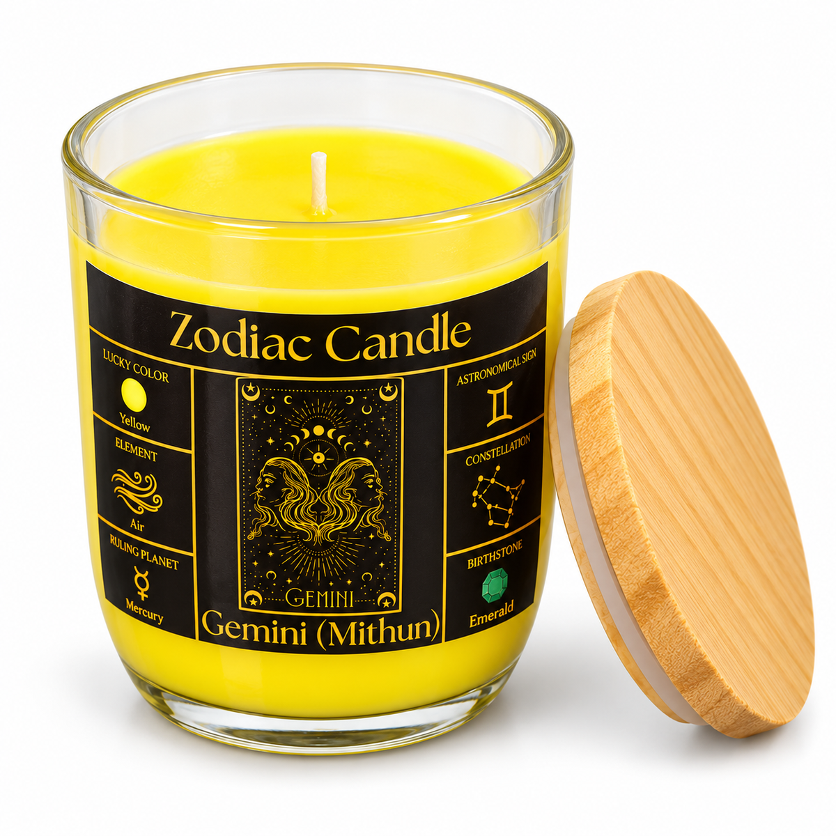 Gemini Zodiac Candle (Mithun Rashi) | Luxury Yellow Scented Astrology Candle with Gemini-Inspired Fragrance in Glass Jar