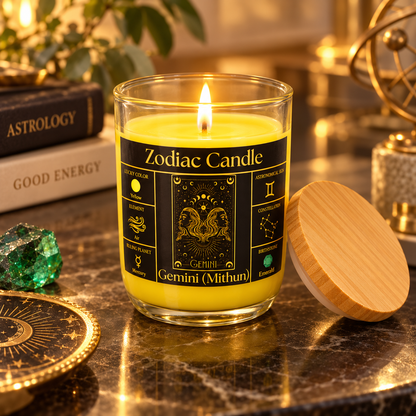Gemini Zodiac Candle (Mithun Rashi) | Luxury Yellow Scented Astrology Candle with Gemini-Inspired Fragrance in Glass Jar