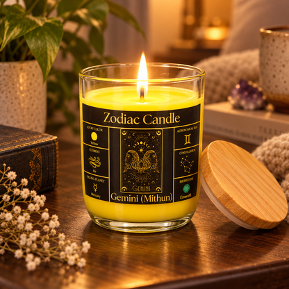 Gemini Zodiac Candle (Mithun Rashi) | Luxury Yellow Scented Astrology Candle with Gemini-Inspired Fragrance in Glass Jar