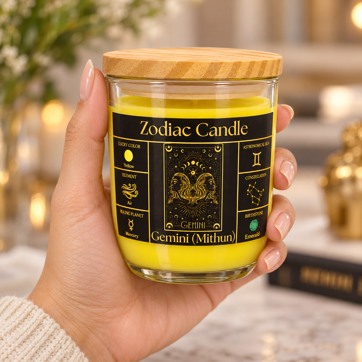 Gemini Zodiac Candle (Mithun Rashi) | Luxury Yellow Scented Astrology Candle with Gemini-Inspired Fragrance in Glass Jar