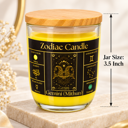 Gemini Zodiac Candle (Mithun Rashi) | Luxury Yellow Scented Astrology Candle with Gemini-Inspired Fragrance in Glass Jar
