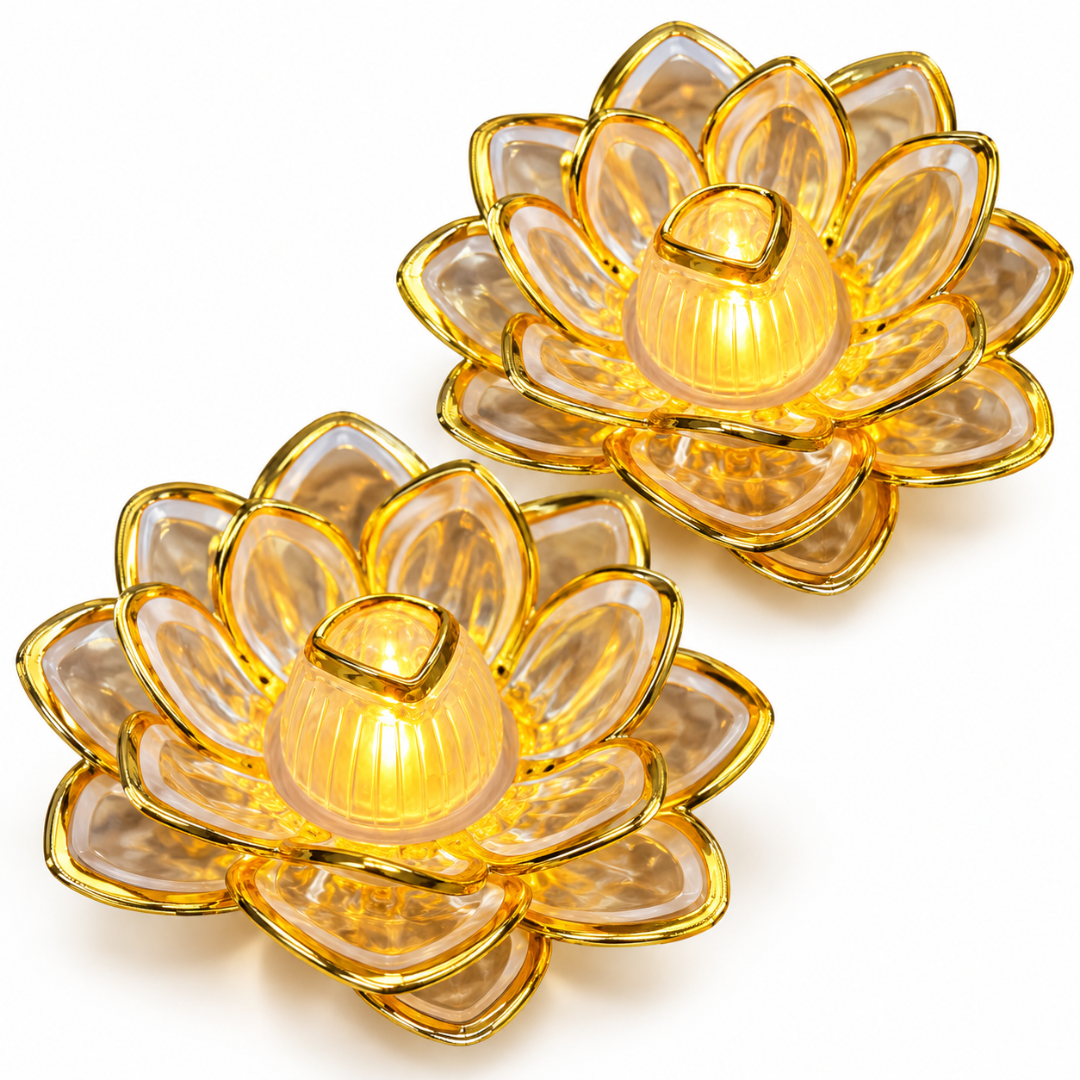 Golden Lotus Shaped LED Acrylic Diya - Pack of 2 | Flameless Decorative Lights for Diwali, Pooja, Rangoli & Home Décor