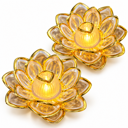 Golden Lotus Shaped LED Acrylic Diya - Pack of 2 | Flameless Decorative Lights for Diwali, Pooja, Rangoli & Home Décor