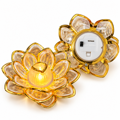 Golden Lotus Shaped LED Acrylic Diya - Pack of 2 | Flameless Decorative Lights for Diwali, Pooja, Rangoli & Home Décor