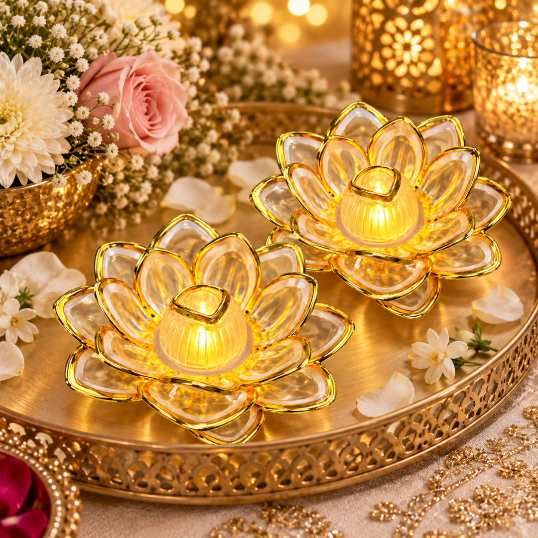 Golden Lotus Shaped LED Acrylic Diya - Pack of 2 | Flameless Decorative Lights for Diwali, Pooja, Rangoli & Home Décor
