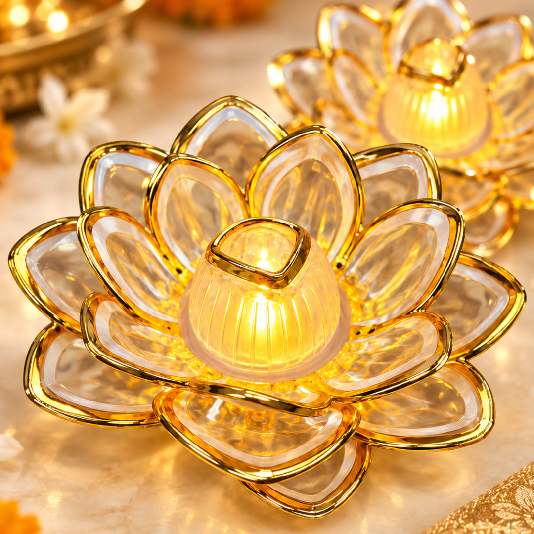 Golden Lotus Shaped LED Acrylic Diya - Pack of 2 | Flameless Decorative Lights for Diwali, Pooja, Rangoli & Home Décor