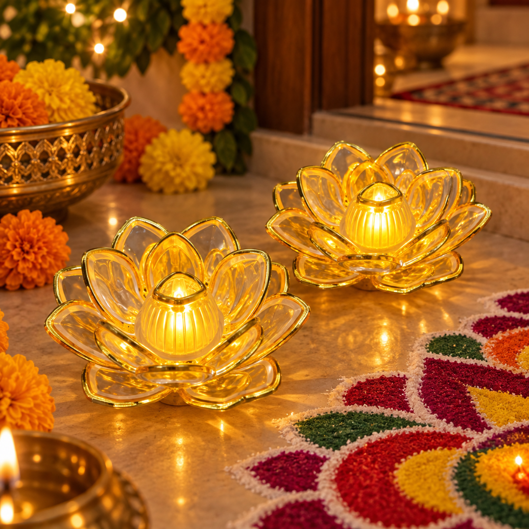 Golden Lotus Shaped LED Acrylic Diya - Pack of 2 | Flameless Decorative Lights for Diwali, Pooja, Rangoli & Home Décor