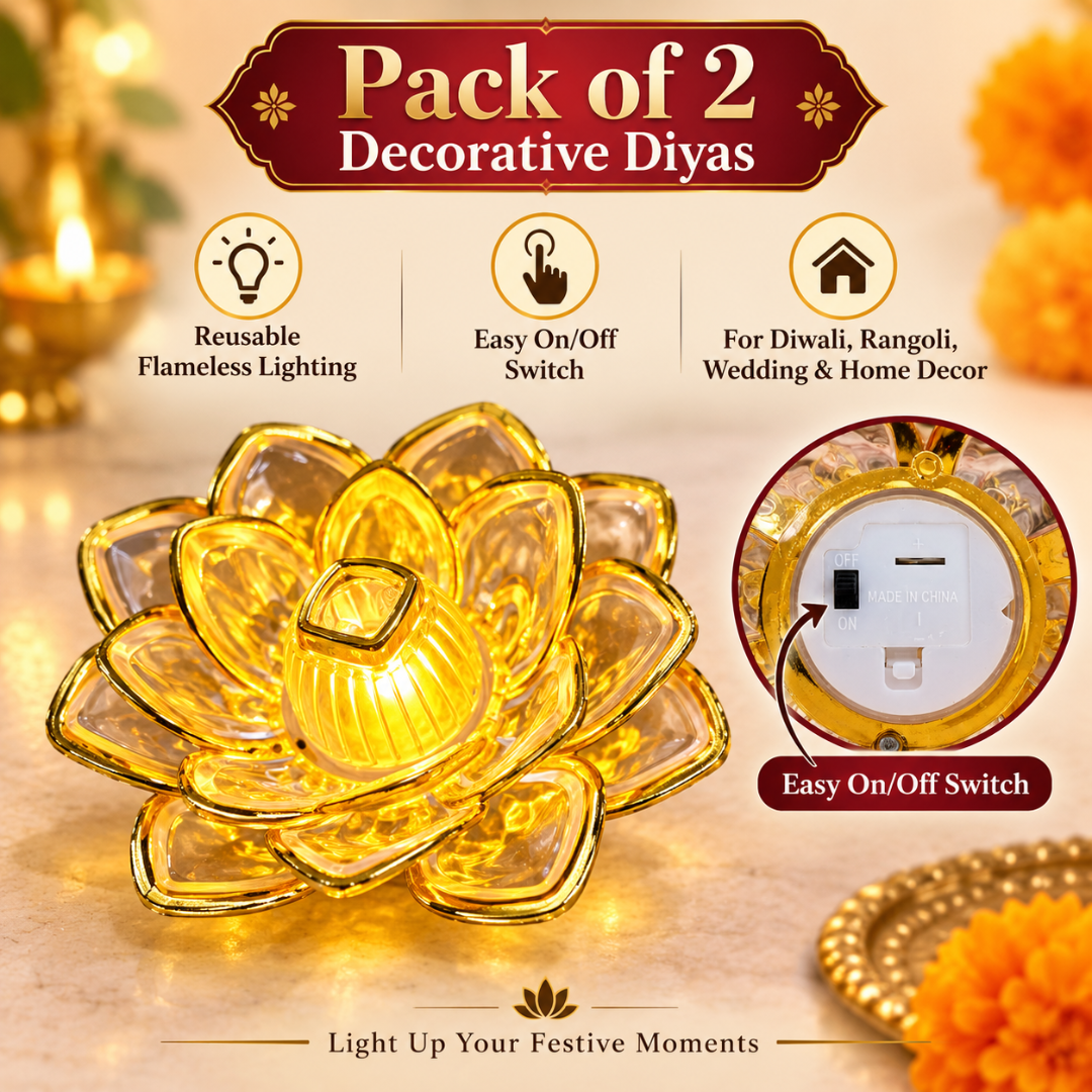 Golden Lotus Shaped LED Acrylic Diya - Pack of 2 | Flameless Decorative Lights for Diwali, Pooja, Rangoli & Home Décor