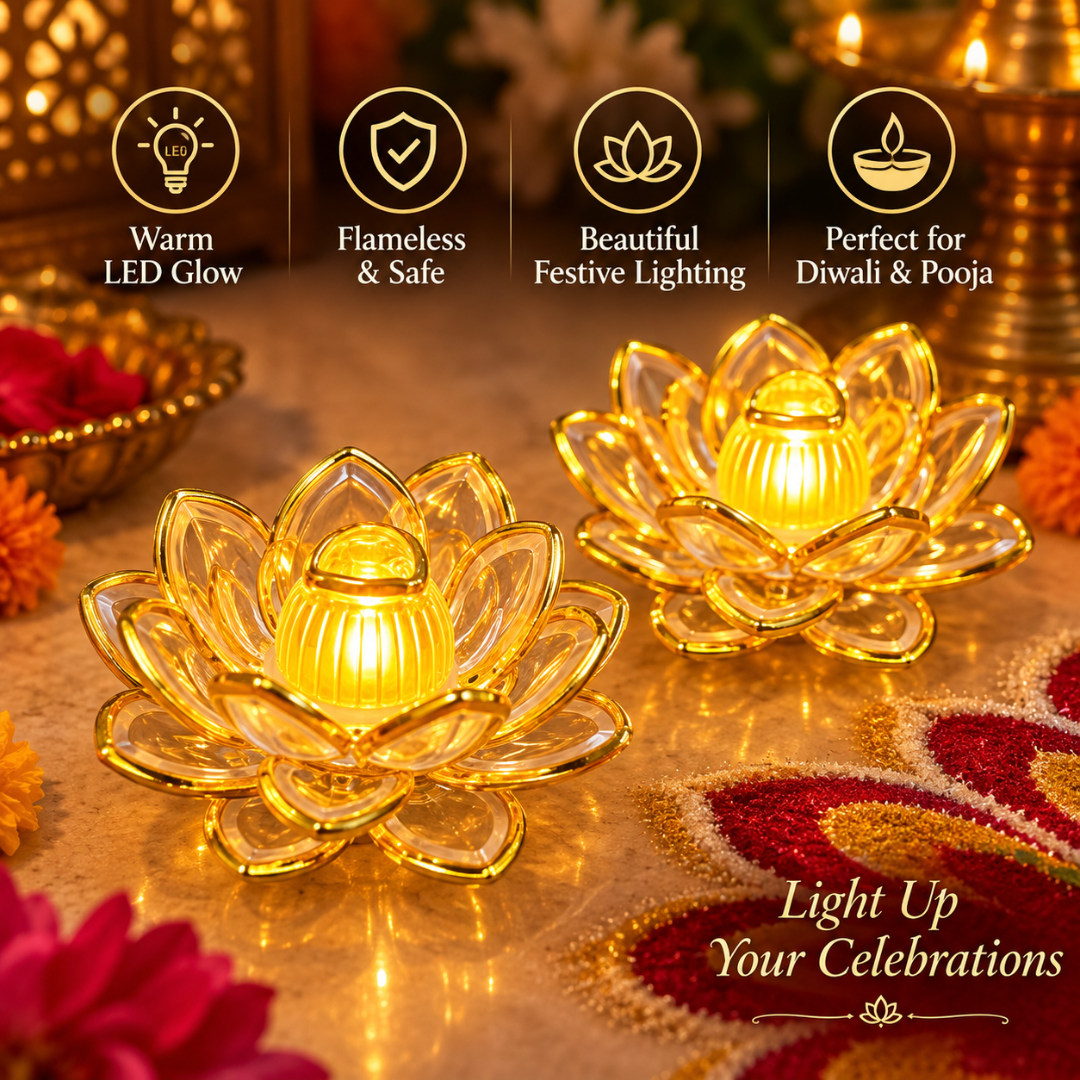 Golden Lotus Shaped LED Acrylic Diya - Pack of 2 | Flameless Decorative Lights for Diwali, Pooja, Rangoli & Home Décor