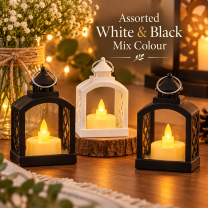 Mini LED Lantern Shaped Candle Lights - Pack of 3 | White & Black Flameless Decorative Lanterns for Home, Table & Party Décor