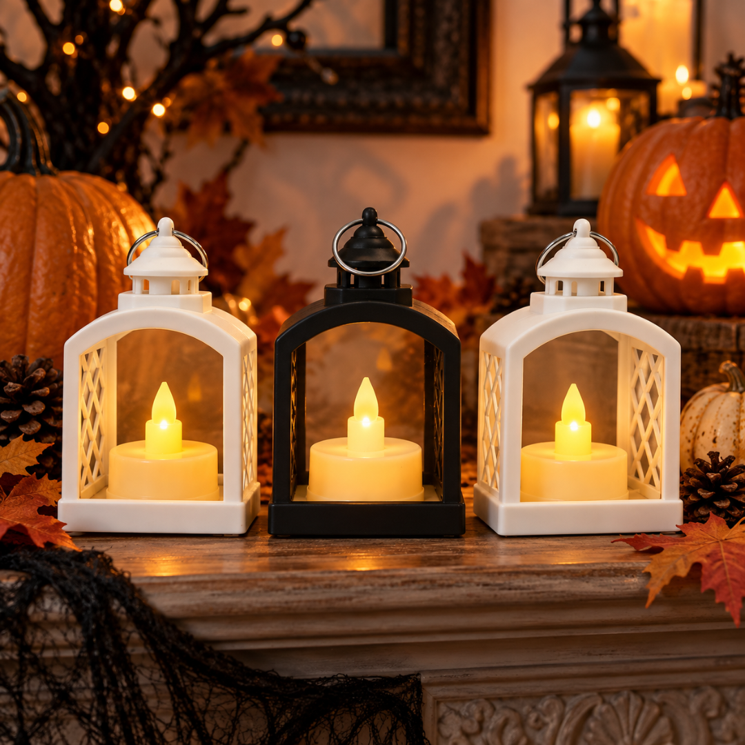 Mini LED Lantern Shaped Candle Lights - Pack of 3 | White & Black Flameless Decorative Lanterns for Home, Table & Party Décor