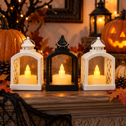 Mini LED Lantern Shaped Candle Lights - Pack of 3 | White & Black Flameless Decorative Lanterns for Home, Table & Party Décor
