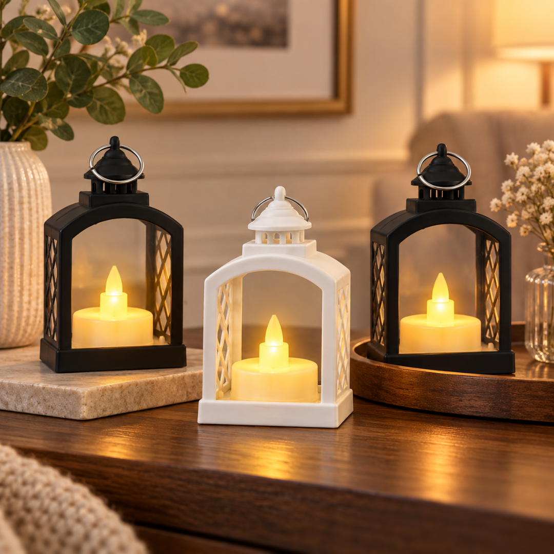 Mini LED Lantern Shaped Candle Lights - Pack of 3 | White & Black Flameless Decorative Lanterns for Home, Table & Party Décor