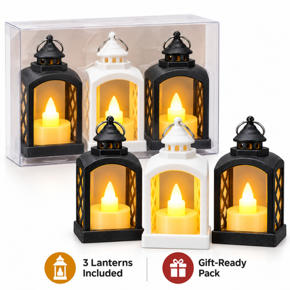 Mini LED Lantern Shaped Candle Lights - Pack of 3 | White & Black Flameless Decorative Lanterns for Home, Table & Party Décor