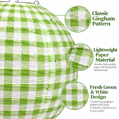 Green Checkered Gingham Paper Lantern - 12 Inch | Decorative Hanging Lantern for Birthday, Picnic, Garden Party, Baby Shower & Wedding
