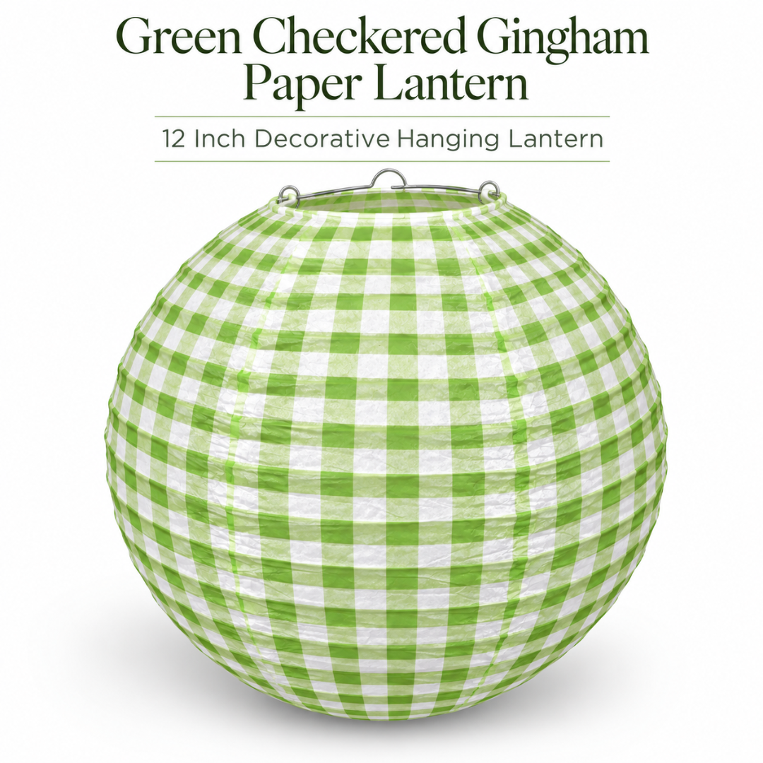 Green Checkered Gingham Paper Lantern - 12 Inch | Decorative Hanging Lantern for Birthday, Picnic, Garden Party, Baby Shower & Wedding