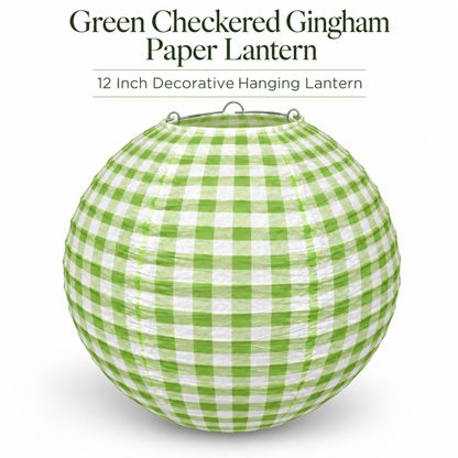 Green Checkered Gingham Paper Lantern - 12 Inch | Decorative Hanging Lantern for Birthday, Picnic, Garden Party, Baby Shower & Wedding