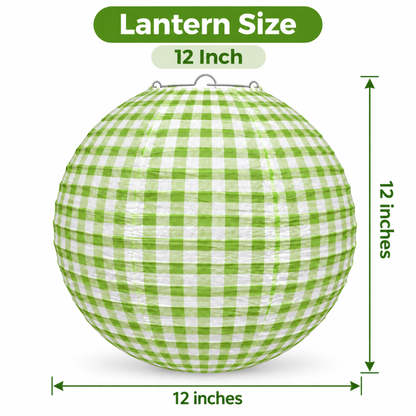 Green Checkered Gingham Paper Lantern - 12 Inch | Decorative Hanging Lantern for Birthday, Picnic, Garden Party, Baby Shower & Wedding