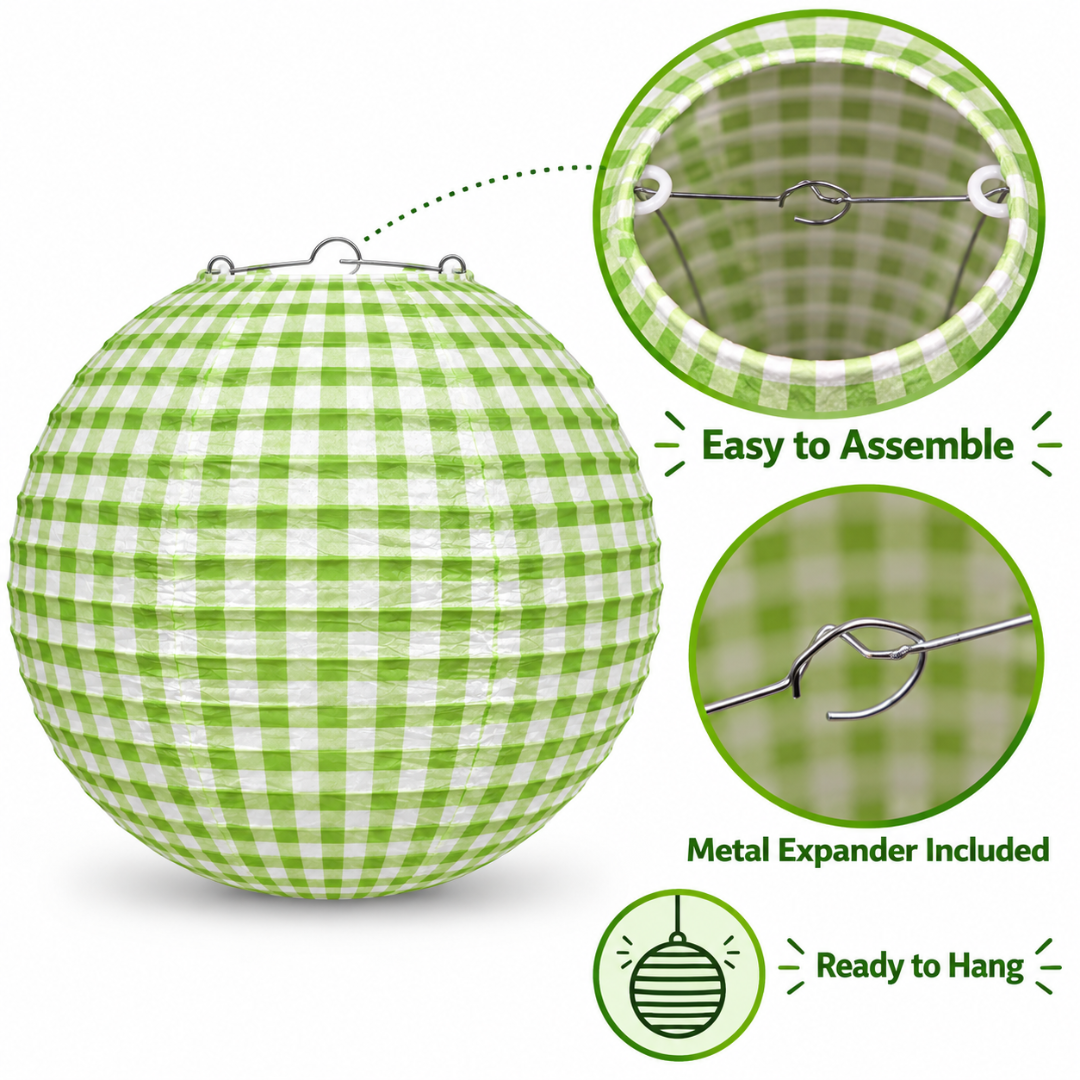 Green Checkered Gingham Paper Lantern - 12 Inch | Decorative Hanging Lantern for Birthday, Picnic, Garden Party, Baby Shower & Wedding